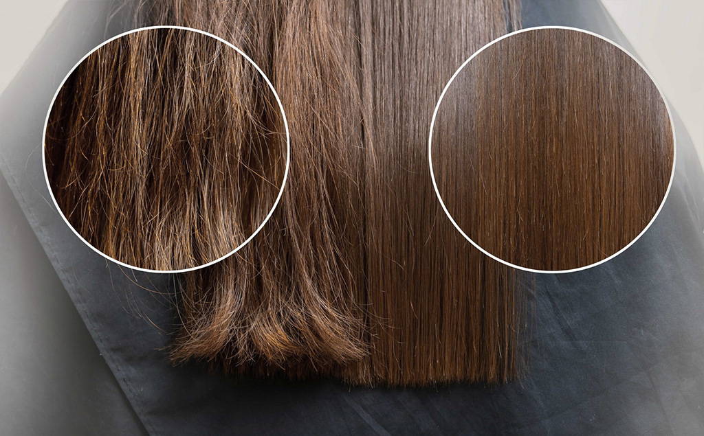 a before and after image of a females brown hair. Wavy hair is on the left and smooth hair is on the right.