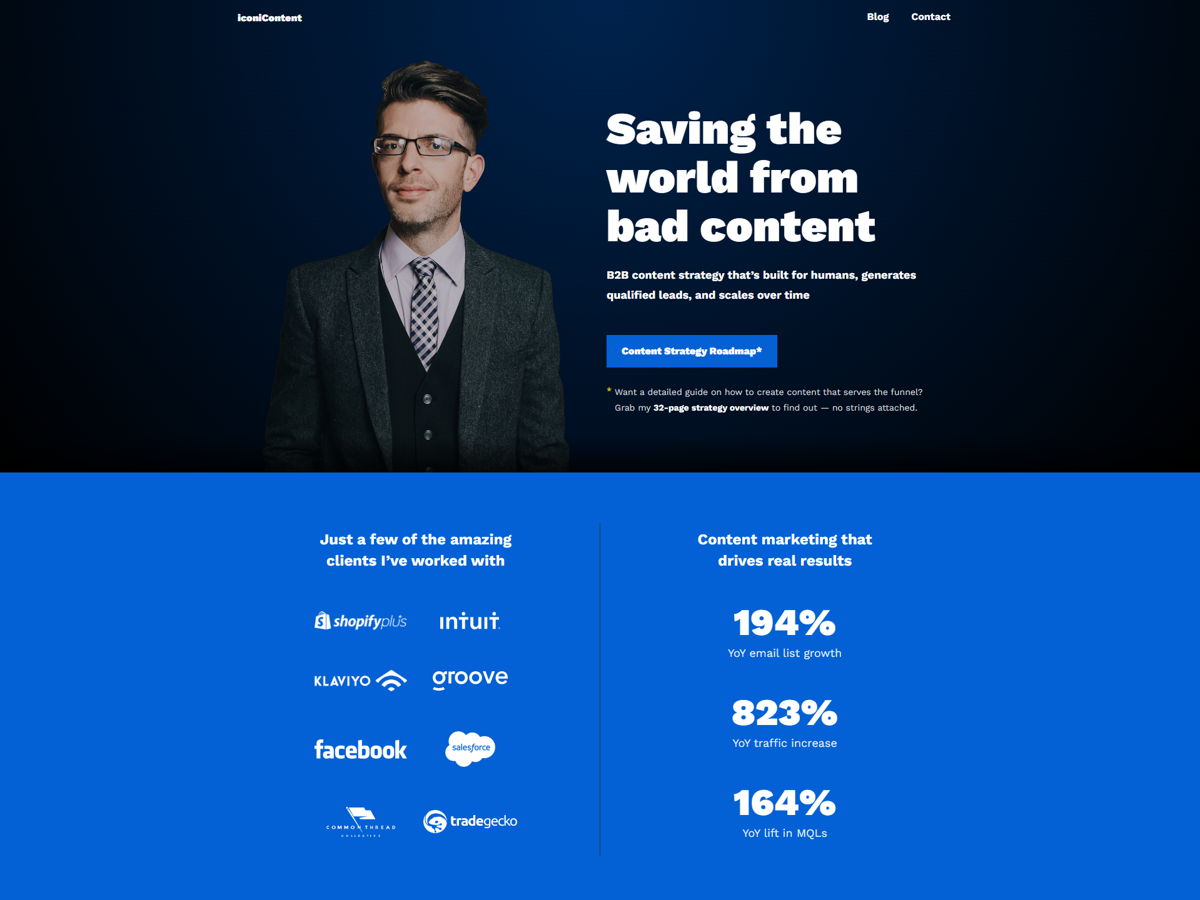 Screenshot of iconiContent, from the copywriting portfolios collection.