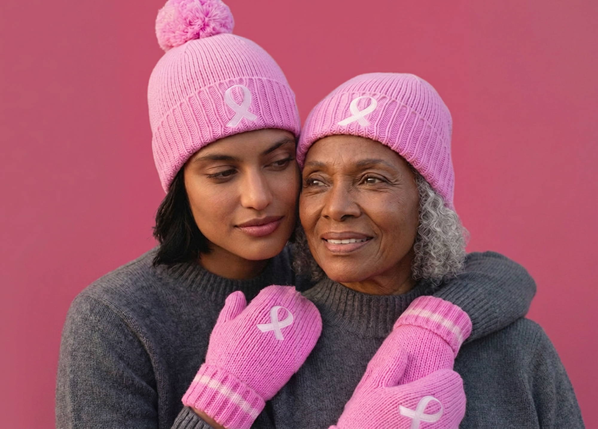 Two women wearing pink breast cancer awareness beanies and mittens