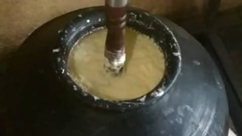 Milk turned into curd and then handchurned to make butter