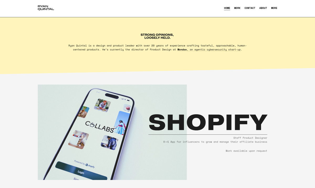 Screenshot of Ryan Quintal, from the product designer portfolios collection.