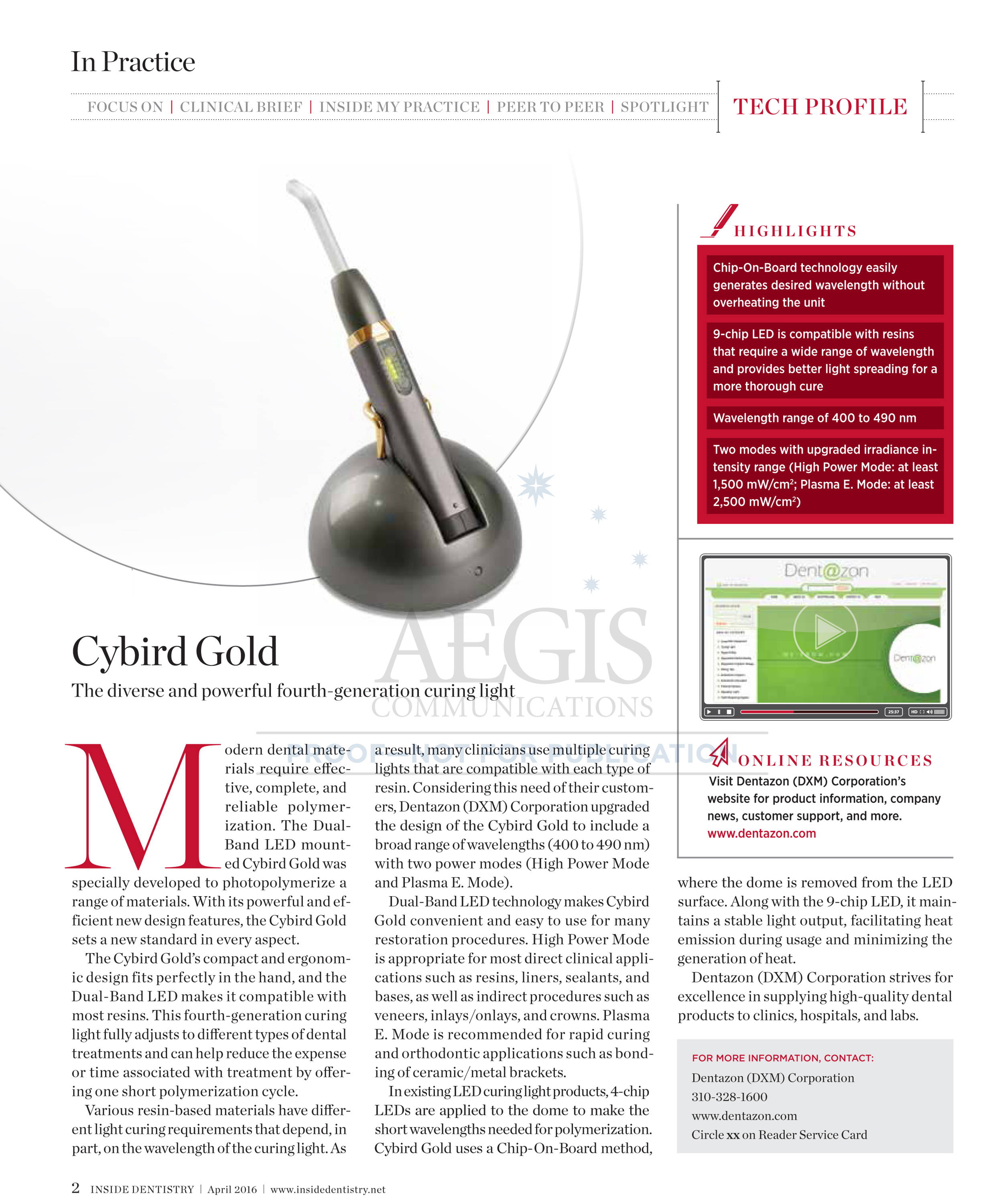 Article of In proctice Magazine on Cybird Gold Curing Light. The diverse and powerful fourth-generation curing light