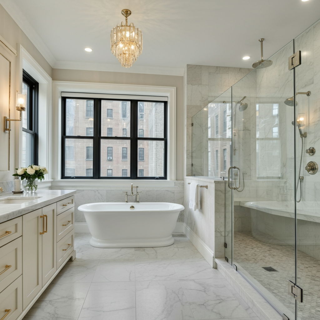 A luxurious master bathroom in a Gold Coast property featuring a freestanding soaking tub positioned near a window with city views, a glass-enclosed rainfall shower, heated marble floors, and elegant lighting fixtures. The space exemplifies the spa-like retreats that command premium prices in today's competitive market.