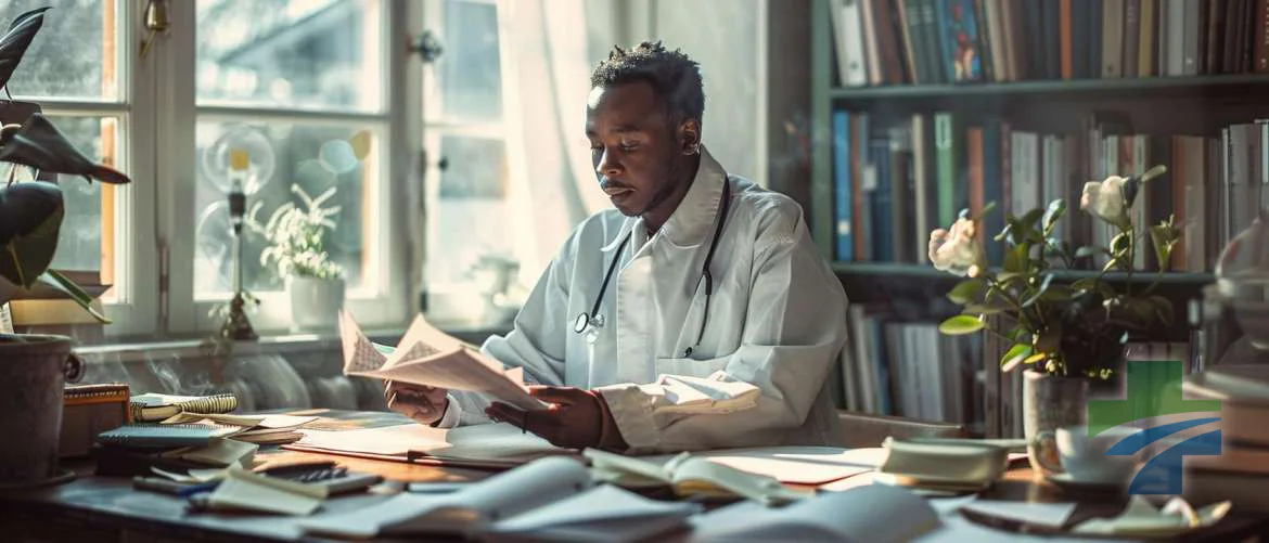 A nurse engaging in online learning to enhance career and well-being.