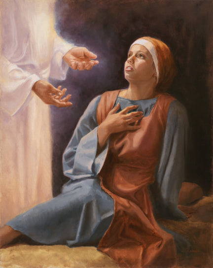 An angel appearing to Mary who looks up surprised.