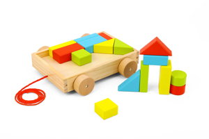 Small Mini sized Wooden building puzzle blocks qty 20 in wood tray for toddlers with wheels and pull along handle