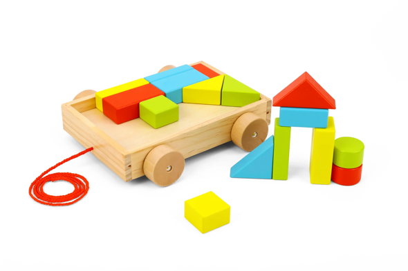 Small Mini sized Wooden building puzzle blocks qty 20 in wood tray for toddlers with wheels and pull along handle