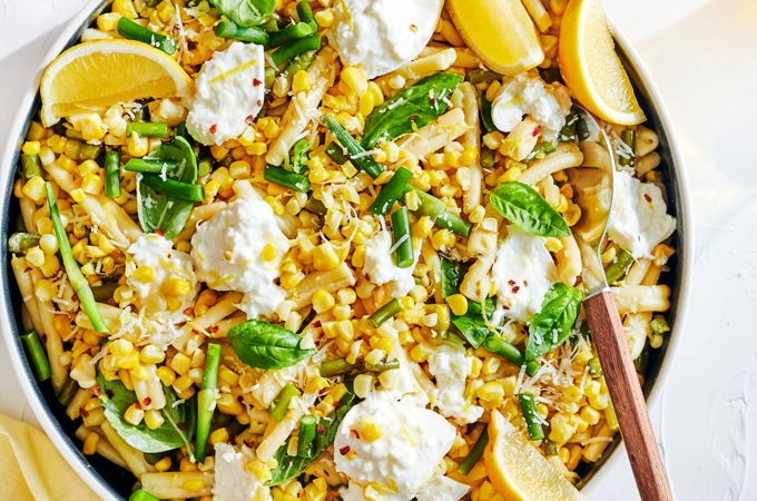 Corn and Garlic Scape Pasta with Burrata