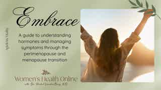 Portrait of a woman raising arms in sunlight, with soft green background and “Embrace” title; title and subtitle text visible