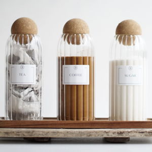 Reeded Glass Tea Coffee Sugar Jars with Cork Ball Lid / Size: 800ml