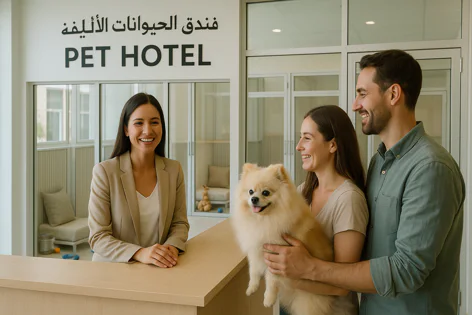 A friendly employee smiles at a couple holding a fluffy Pomeranian dog at the reception counter of a bright pet hotel with individual dog suites visible in the background.