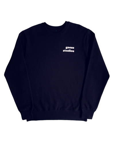 Front of navy mens organic cotton sweatshirt with white Goose Studios logo on left chest