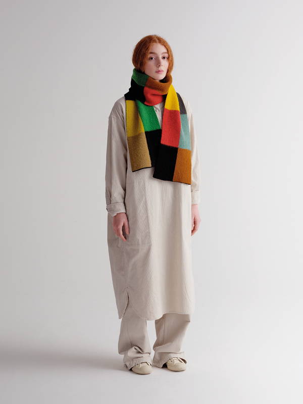 model wears Brushed Multicolour Big Rectangles Scarf Multicolour