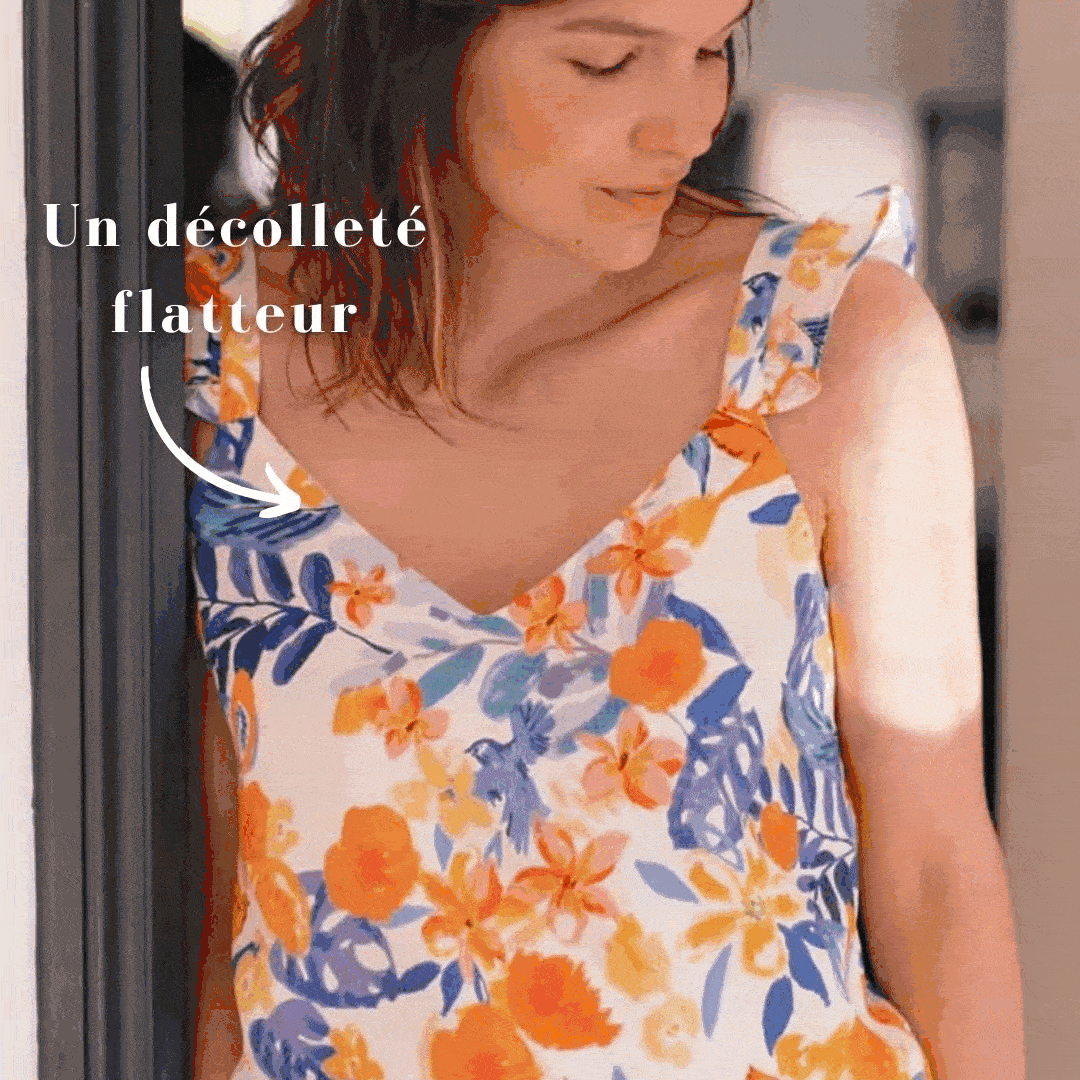 Nêge Paris - Ensemble débardeur short Évasion Tropicale bleu et orange en tencel lyocell certifié oeko-tex