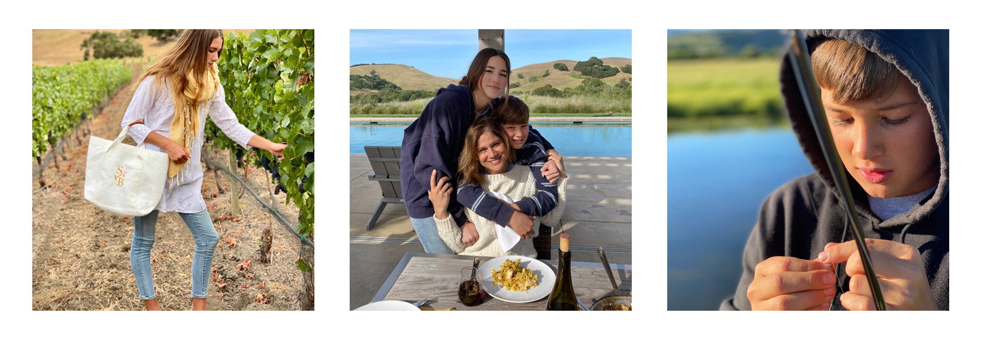 Stick & Ball's founder Elizabeth with her kids in vineyard, eating dinner and fishing