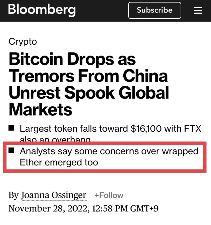 A picture which shows Bloomberg falling for the WETH joke, and shows that the analysts are concerned about wrapped ethereum depegging.