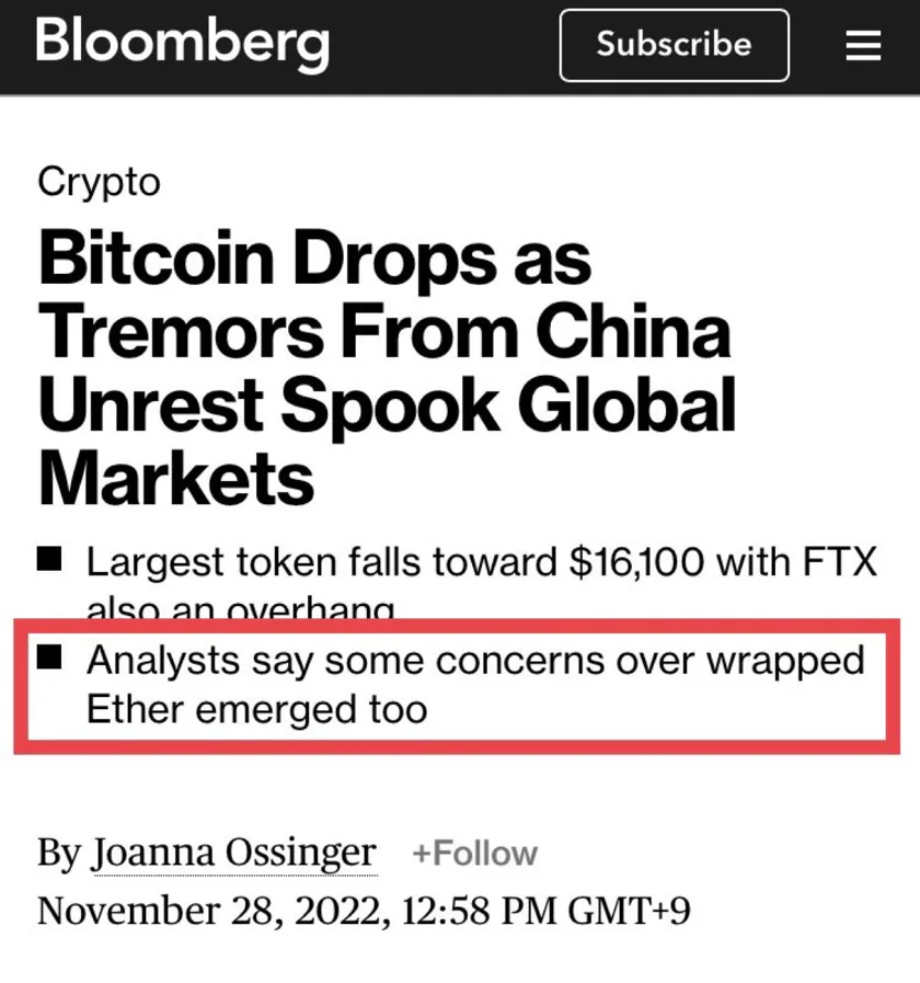 A picture which shows Bloomberg falling for the WETH joke, and shows that the analysts are concerned about wrapped ethereum depegging.