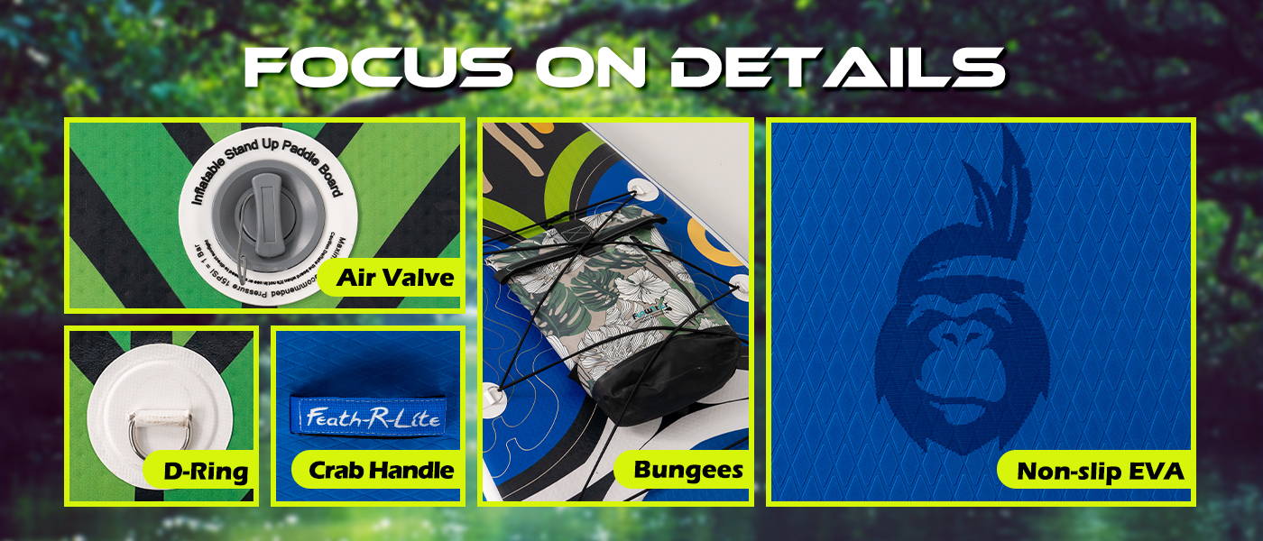 Feath-R-Lite paddle board focus on SUP board details: Air Valve, D-Ring, Crab handle, Bungees, Non-slip EVA