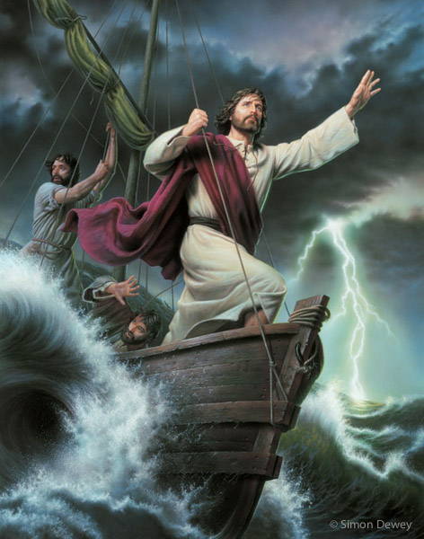 Jesus standing in a boat, reaching out His hand to calm the storm. 