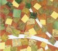 Up close, detail of the type of tiny paper cutouts of Van Gogh art pieces that make up each collage.