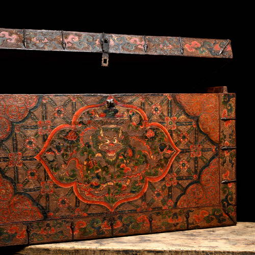 A rare antique Tibetan painted dragon chest from central Tibet