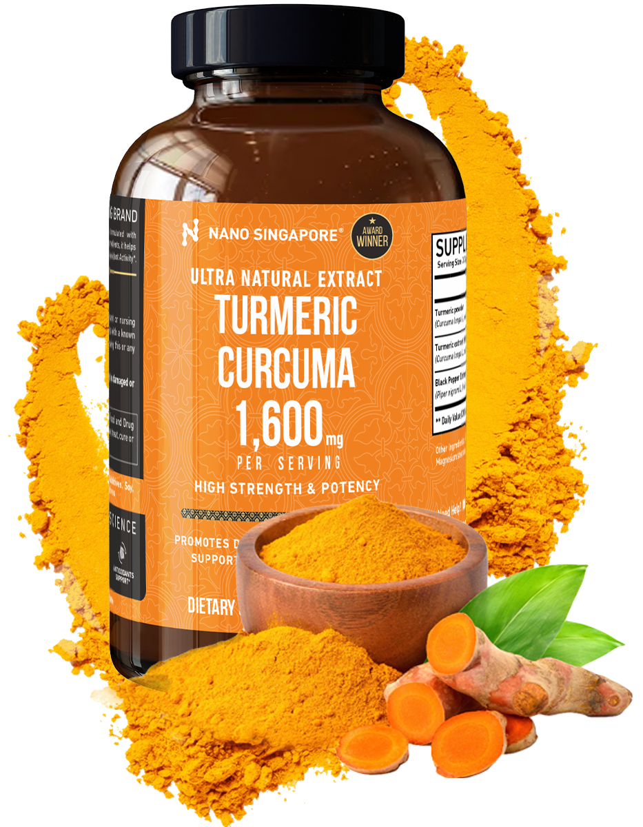 A bottle of the best turmeric supplement singapore surrounded by turmeric