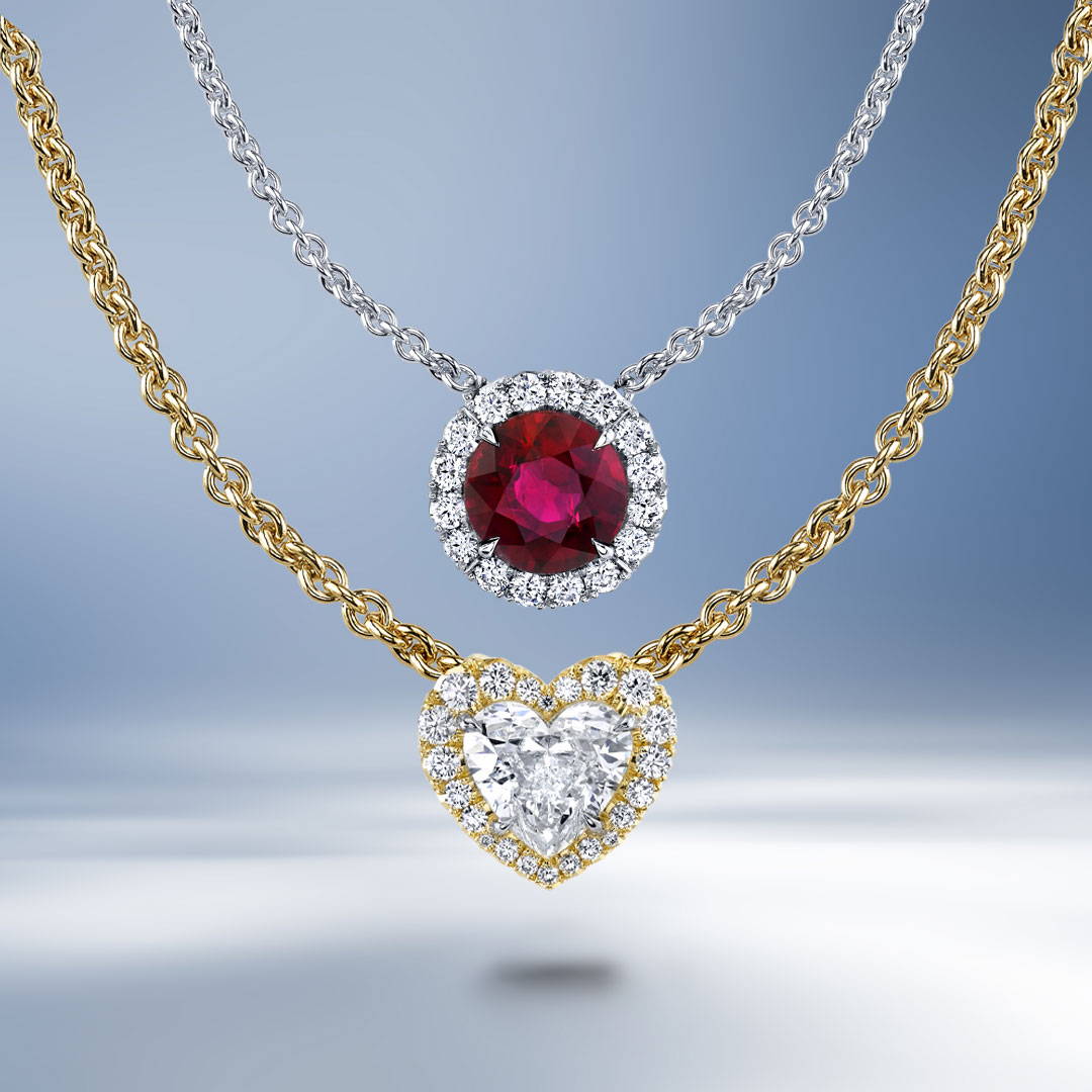 Diamond necklace in yellow gold and a ruby and diamond necklace in white gold