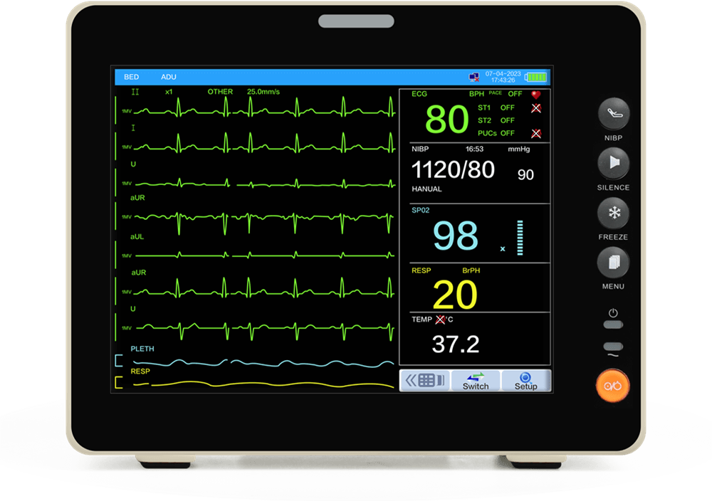 7-trace ecg view of 8-inch touchscreen patient monitorch recorder