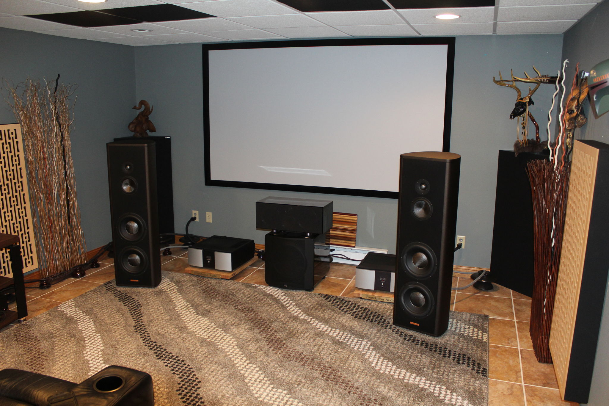 Cieling tiles replaced with acoustic panels. 106" screen