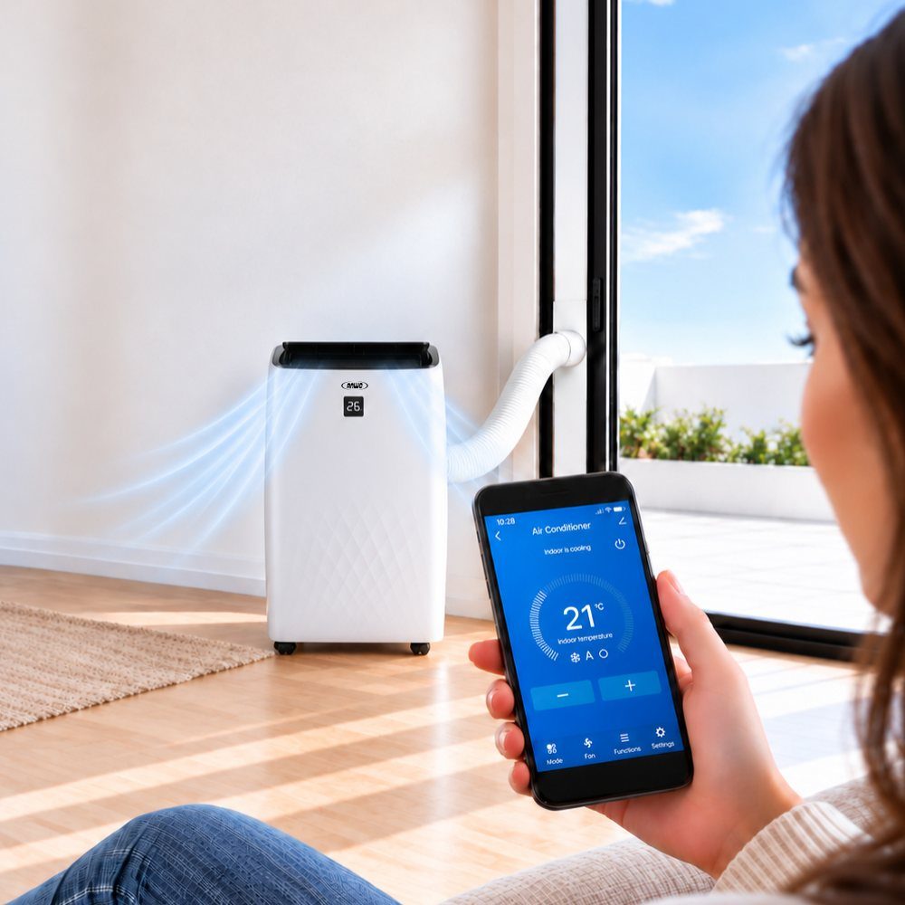 Mujer controlando el aire acondicionado portátil ANWO Versa blanco desde la app en su smartphone