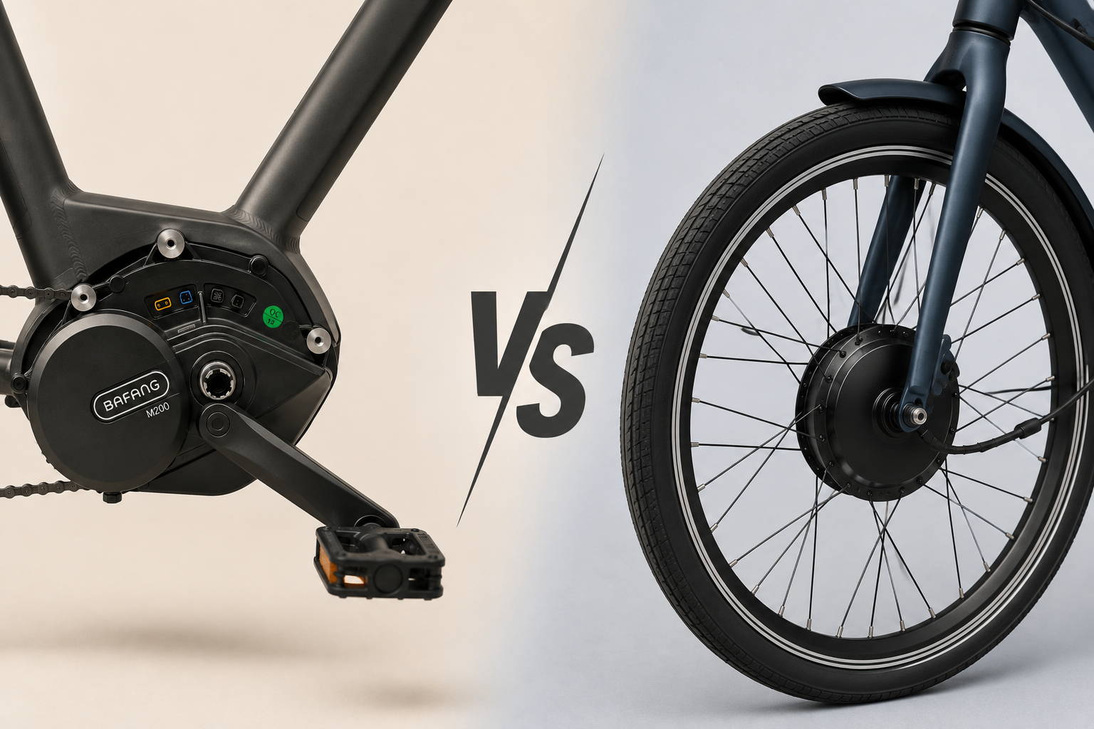 Vergelijking tussen een e-bike met middenmotor en een elektrische fiets met voorwielmotor, waarbij beide motorsystemen naast elkaar worden afgebeeld voor een keuzehulp bij het kopen van een e-bike.