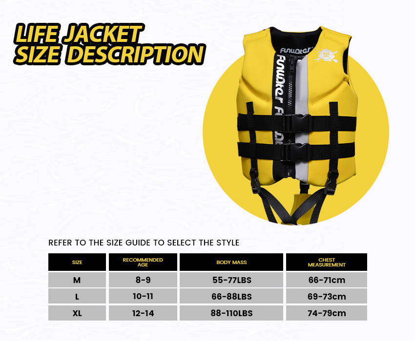 Life jacket size chart, divided into M, L, XL