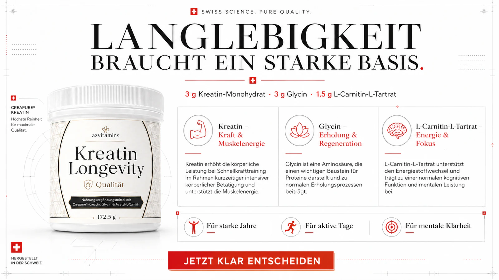 Die 3er-Formel mit Kreatinmonohydrat Creapure, Glycin und Acetyl L-Carnitin.