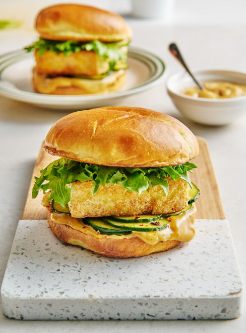 Crispy Tofu Burgers with Sesame Mayonnaise and Cucumber Salad