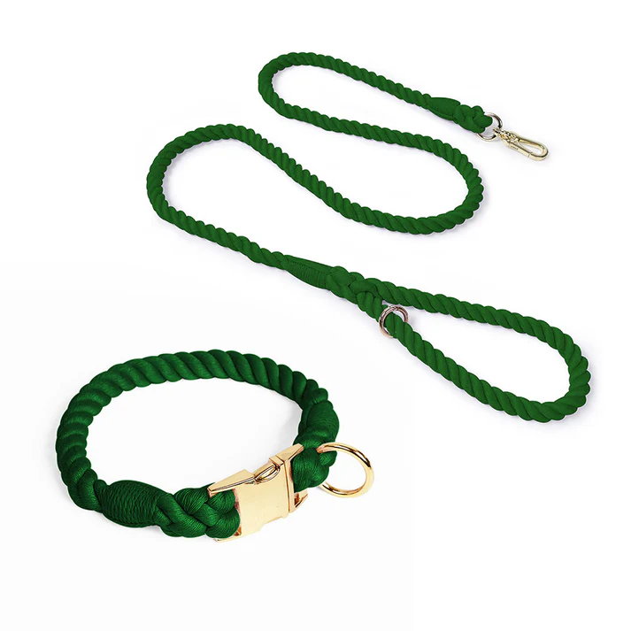 Dark Green Handmade Rope Dog Collar and Leash Set - Colorful Woven Cotton
