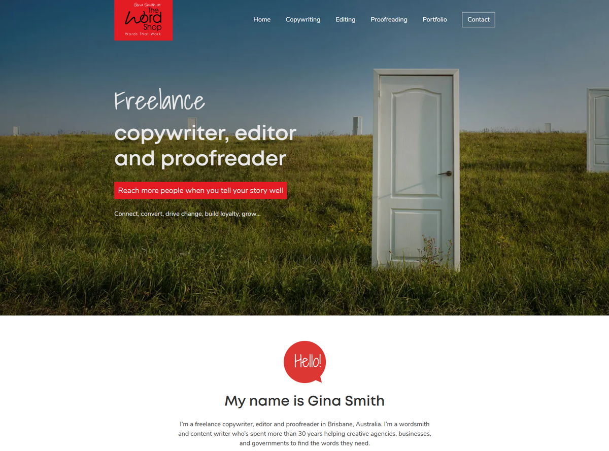 Screenshot of Gina Smith at The Word Shop, from the content editor & proofreader portfolios collection.