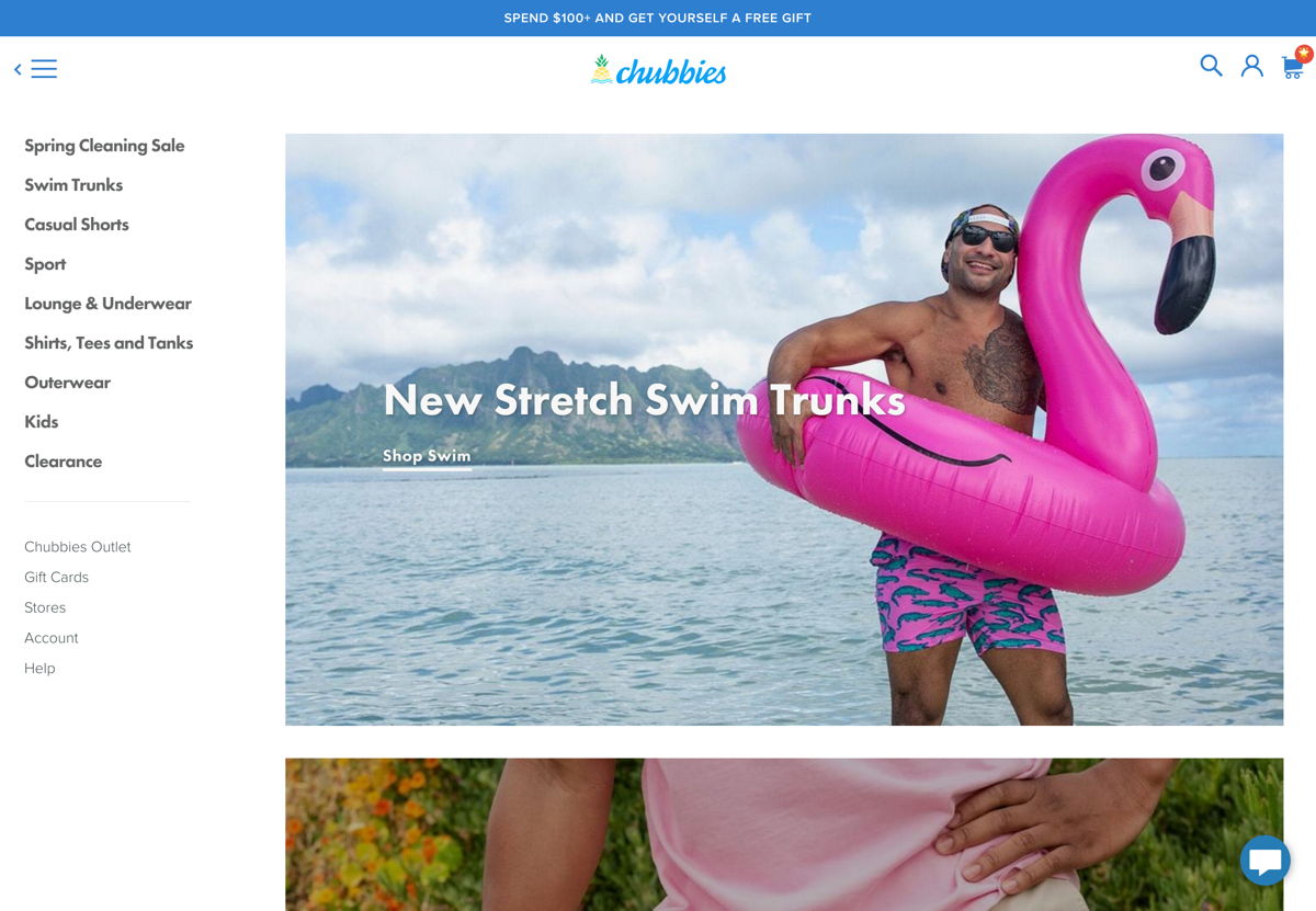 Screenshot of Chubbies, from the shopify stores collection.