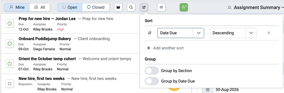 Sort and Group options for the Assignments Inbox