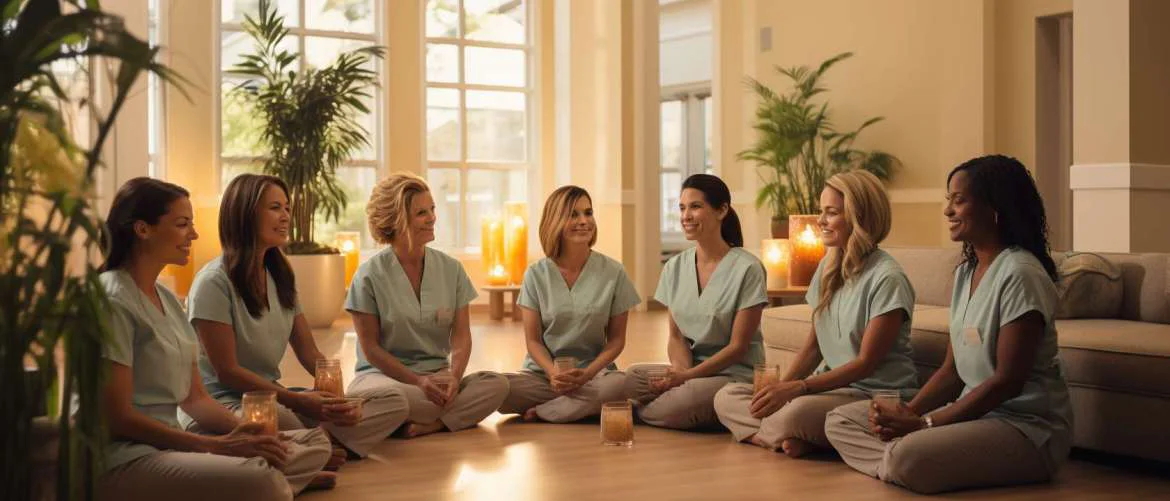 Travel nurses in a serene mindfulness session, exuding peace.