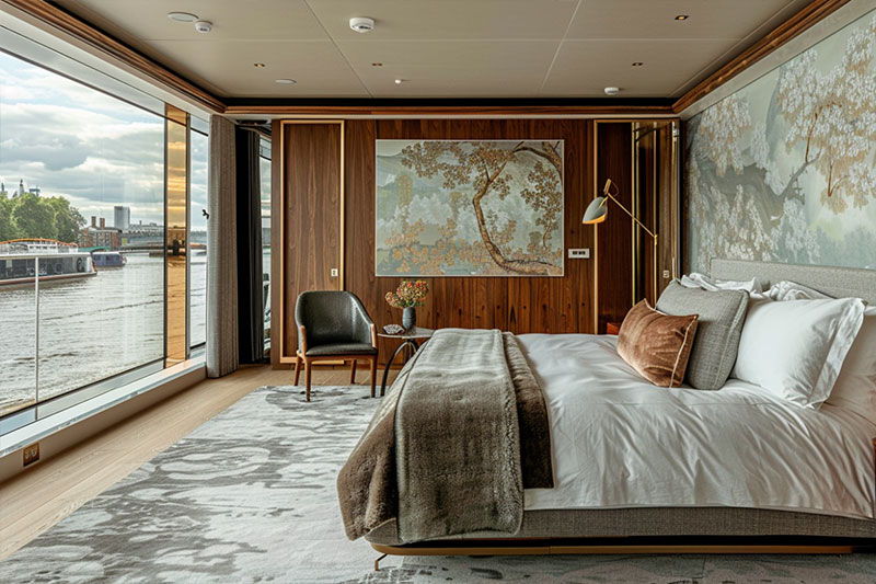 a bedroom on a luxury yacht with a chinoiserie or Japanese cherry blossom style IMO certified wallcovering