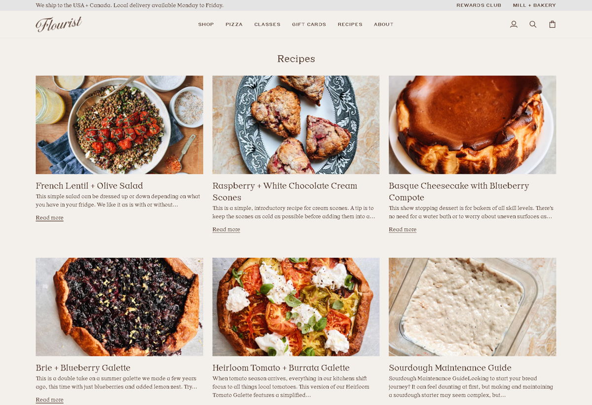 Screenshot of Recipes by Flourist, from the brown websites collection.