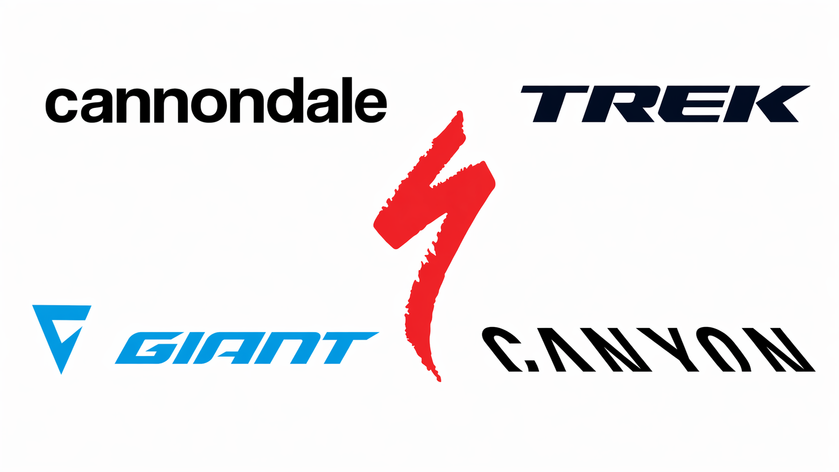 Collage van logo’s van populaire racefietsmerken voor een review over de beste tweedehands racefietsen, met Cannondale, Specialized, Trek, Giant en Canyon op witte achtergrond.