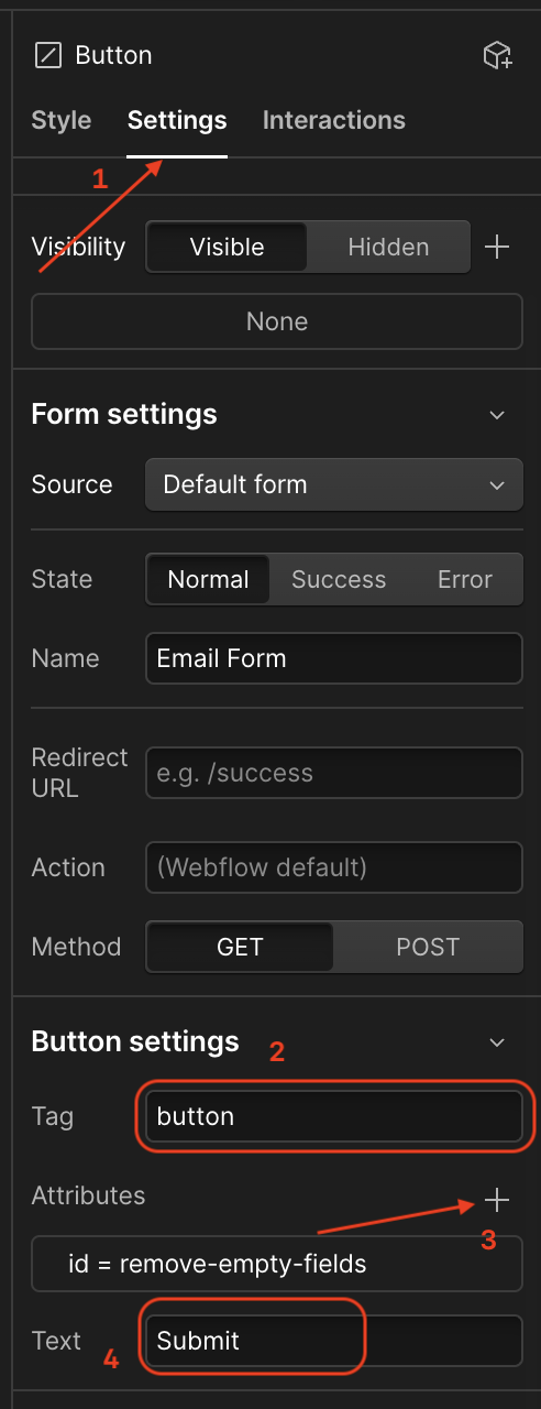 Settings to change custom element to a button in Webflow Designer
