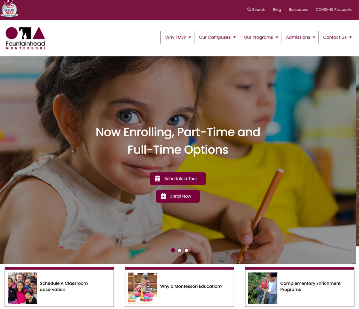 Screenshot of Fountainhead Montessori School, from the kindergarten websites collection.