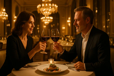 Elegant middle-aged couple making a toast with red wine glasses over a romantic dinner in a luxurious restaurant lit by chandeliers.