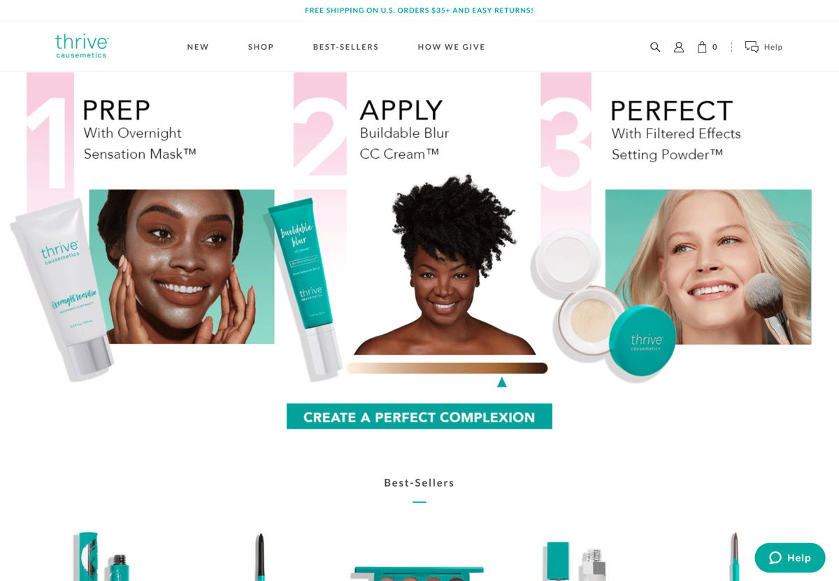 Screenshot of Thrive Causemetics, from the beauty websites collection.