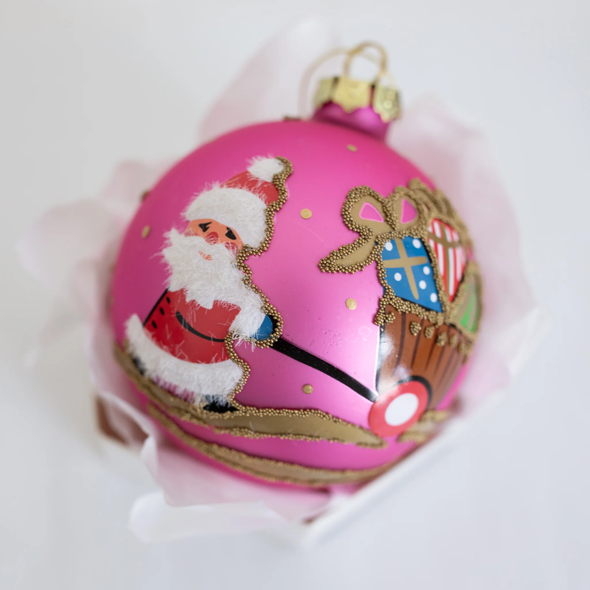 100mm Pink Hand Painted Santa with Trolley