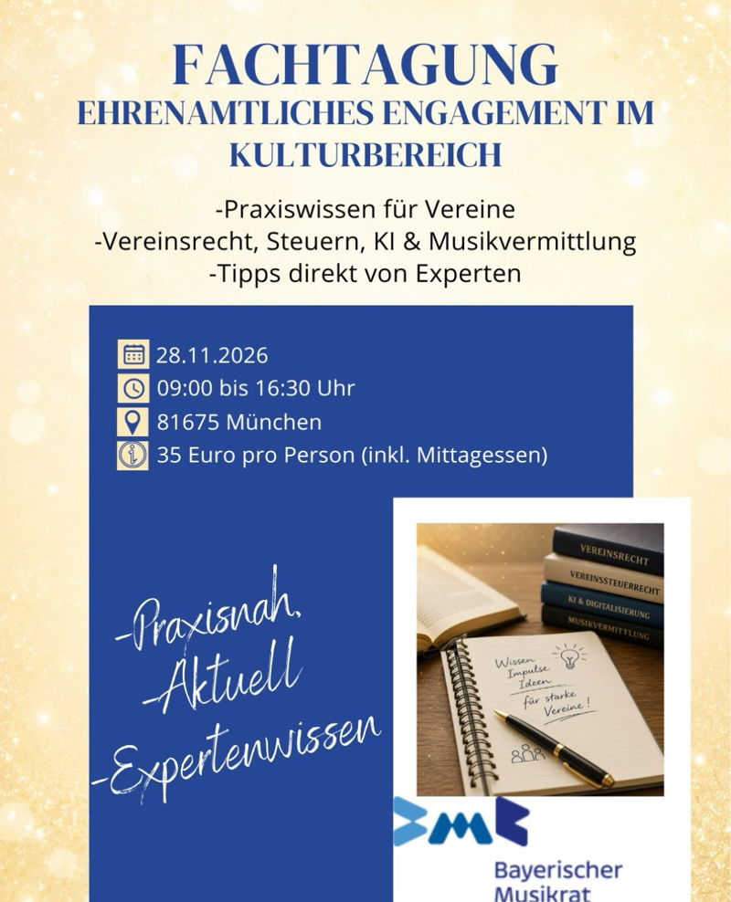 📚 Fachtagung Ehrenamtliches Engagement im Kulturbereich

Ehrenamt lebt von engagierten Menschen – und von aktuellem Wissen. 💡

Der Bayerische Musikrat lädt euch zu einer spannenden Fachtagung mit praxisnahen Vorträgen und wertvollen Impulsen für die 