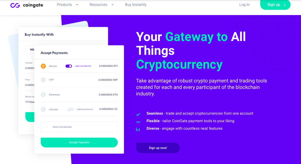The main page of Coingate crypto payment gateway