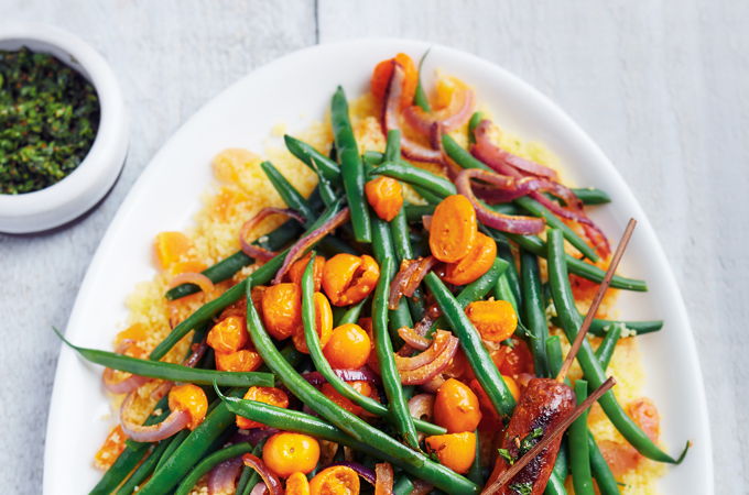 Warm Couscous Salad with Green Beans and Merguez Skewers